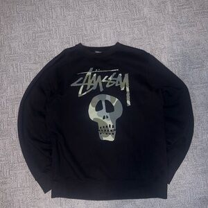 Stussy Black and Gray Skull Crewneck Sweater
